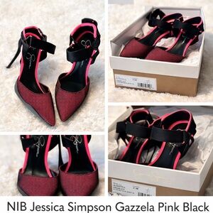 NEW Jessica Simpson Gazzela Pink Black Mesh Pointed Toe Stiletto Heels 8.5